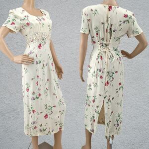 Vintage 90s Jody of California Midi Dress Floral Crochet Slit Corset Jrs Size 9